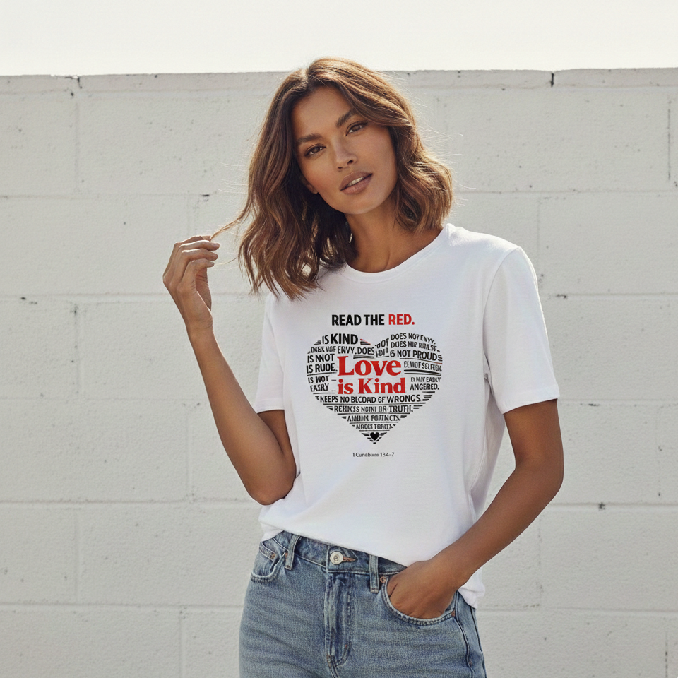 Woman wearing a white t-shirt with a heart design and text against a light gray brick wall.